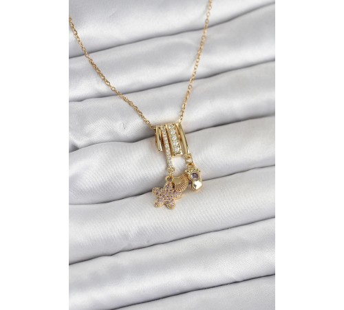 316L Çelik Gold Zirkon Taşlı Deniz Tema Charmlı Kadın Kolye - TJ-BKO11013