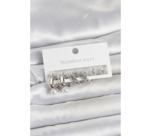 316L Çelik Gümüş Renk Kadın Küpe Seti - TJ-BKP11690