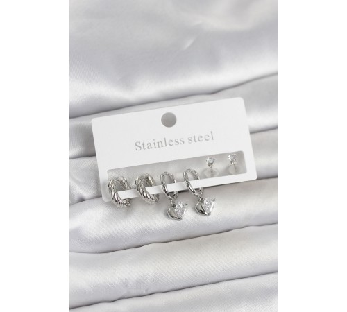 316L Çelik Gümüş Renk Kalp Detaylı Kadın Küpe Seti - TJ-BKP11692