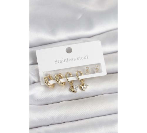 316L Çelik Gold Renk Kalp Detaylı Kadın Küpe Seti - TJ-BKP11693