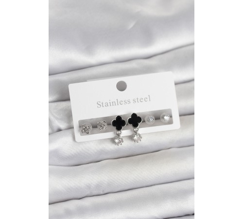 316L Çelik Gümüş Renk Yonca Detaylı Kadın Küpe Seti - TJ-BKP11694