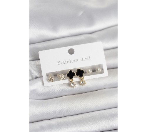 316L Çelik Gold Renk Yonca Detaylı Kadın Küpe Seti - TJ-BKP11695