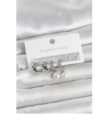 316L Çelik Gümüş Renk inci Halka Detaylı Kadın Küpe Seti - TJ-BKP11696