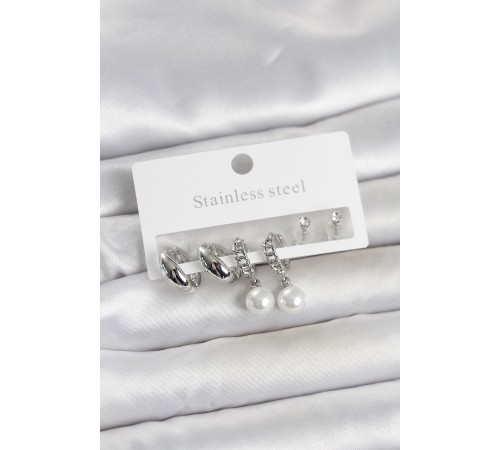 316L Çelik Gümüş Renk inci Halka Detaylı Kadın Küpe Seti - TJ-BKP11696