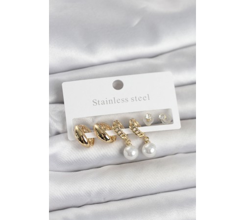 316L Çelik Gold Renk inci Halka Detaylı Kadın Küpe Seti - TJ-BKP11697