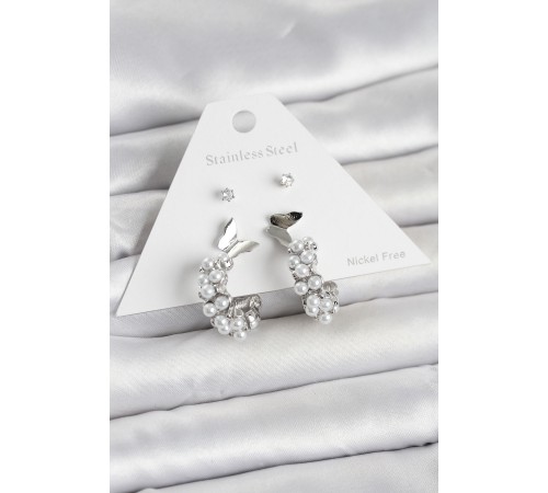 Pirinç Gümüş Renk Detaylı Kadın Küpe Seti - TJ-BKP11700