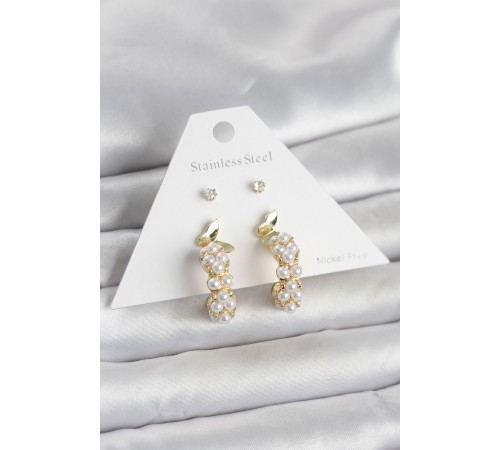 Pirinç Gold Renk Detaylı Kadın Küpe Seti - TJ-BKP11701