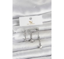 Pirinç Gümüş Renk Zirkon Taşlı Deniz Temalı 3'lü Kadın Küpe - TJ-BKP11702