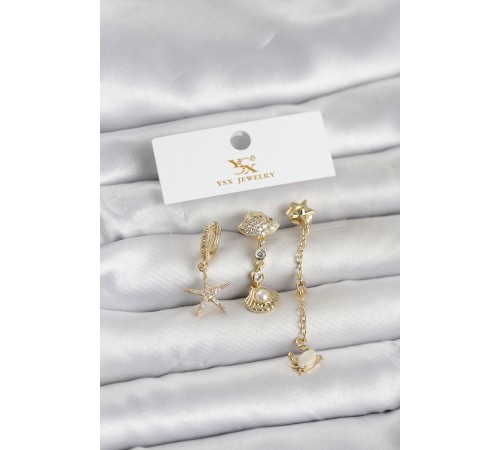 Pirinç Gold Renk Zirkon Taşlı Deniz Temalı 3'lü Kadın Küpe - TJ-BKP11703