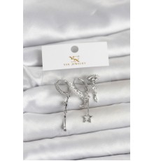 Pirinç Gümüş Renk Zirkon Taşlı Gece Temalı 3'lü Kadın Küpe - TJ-BKP11704