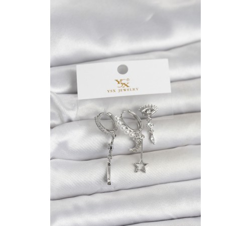 Pirinç Gümüş Renk Zirkon Taşlı Gece Temalı 3'lü Kadın Küpe - TJ-BKP11704