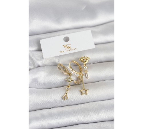 Pirinç Gold Renk Zirkon Taşlı Gece Temalı 3'lü Kadın Küpe - TJ-BKP11705