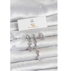 Pirinç Gümüş Renk Pembe Zirkon Taşlı 3'lü Kadın Küpe - TJ-BKP11706