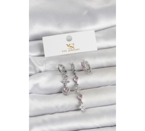 Pirinç Gümüş Renk Pembe Zirkon Taşlı 3'lü Kadın Küpe - TJ-BKP11706