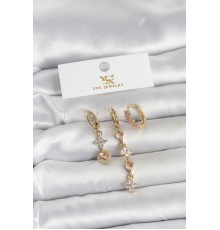 Pirinç Gold Renk Pembe Zirkon Taşlı 3'lü Kadın Küpe - TJ-BKP11707
