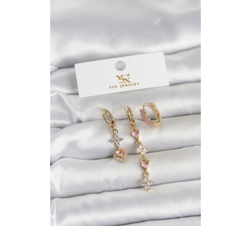 Pirinç Gold Renk Pembe Zirkon Taşlı 3'lü Kadın Küpe - TJ-BKP11707