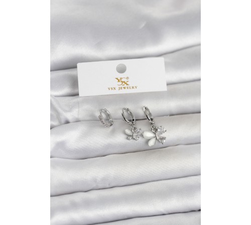 Pirinç Gümüş Renk Model 3'lü Kadın Küpe - TJ-BKP11708