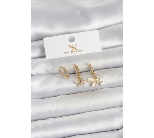 Pirinç Gold Renk Model 3'lü Kadın Küpe - TJ-BKP11709