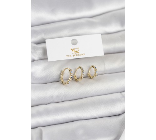Pirinç Gold Renk Nazarlı Model 3'lü Kadın Küpe - TJ-BKP11711
