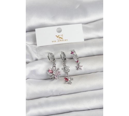 Pirinç Gümüş Renk Çiçek Model 3'lü Kadın Küpe - TJ-BKP11712