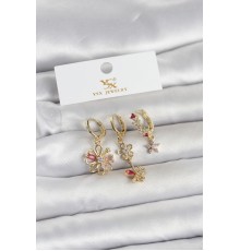 Pirinç Gold Renk Çiçek Model 3'lü Kadın Küpe - TJ-BKP11713