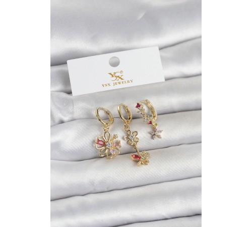 Pirinç Gold Renk Çiçek Model 3'lü Kadın Küpe - TJ-BKP11713