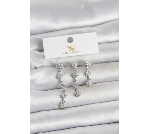 Pirinç Gümüş Renk Sıralı Kutup Yıldızı Model 3'lü Kadın Küpe - TJ-BKP11714