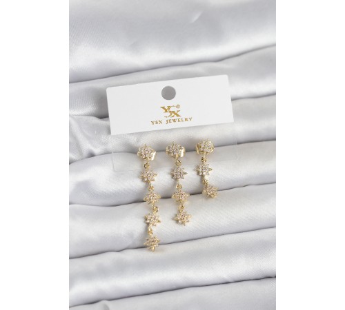 Pirinç Gold Renk Sıralı Kutup Yıldızı Model 3'lü Kadın Küpe - TJ-BKP11715