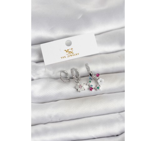 Pirinç Gümüş Renk Çiçek Model 3'lü Kadın Küpe - TJ-BKP11716