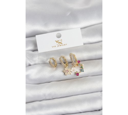 Pirinç Gold Renk Çiçek Model 3'lü Kadın Küpe - TJ-BKP11717