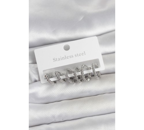 316L Çelik Gümüş Renk Zirkon Taşlı Halka Model Kadın Küpe Seti - TJ-BKP11722