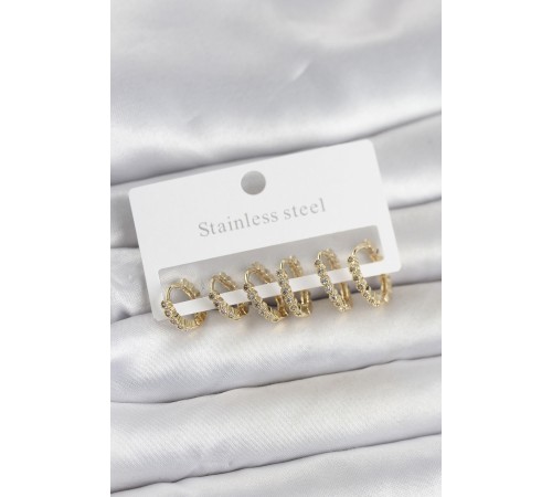 316L Çelik Gold Renk Zirkon Taşlı Halka Model Kadın Küpe Seti - TJ-BKP11723