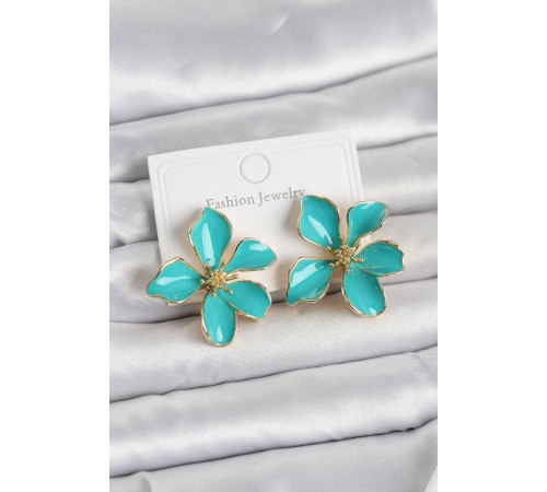 Turkuaz Mineli Çiçek Model Pirinç Kadın Küpe - TJ-BKP11724