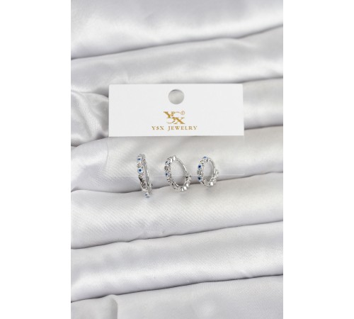 Pirinç Gümüş Renk Nazarlı Model 3'lü Kadın Küpe - TJ-BKP11710