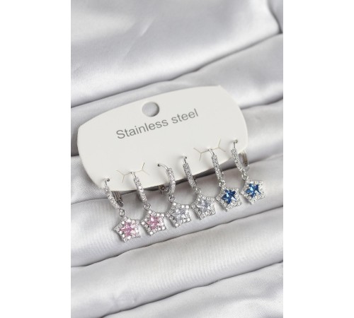316L Çelik Gümüş Renk Zirkon Taşlı Yıldız Form 6'lı Set Kadın Küpe - TJ-BKP11740