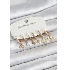 316L Çelik Gold Renk 6'lı Set Yonca Model Kadın Küpe - TJ-BKP11743