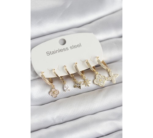 316L Çelik Gold Renk 6'lı Set Yonca Model Kadın Küpe - TJ-BKP11743