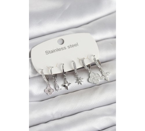 316L Çelik Gümüş Renk 6'lı Set Yonca Model Kadın Küpe - TJ-BKP11744