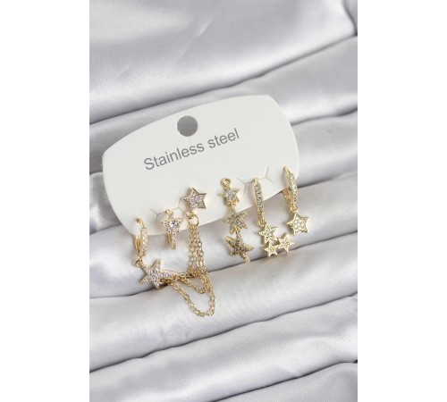 316L Çelik Gold Renk 6'lı Set Zincirli Yıldız Modelli Kadın Küpe - TJ-BKP11747