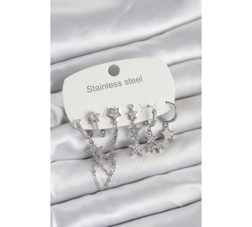 316L Çelik Gold Renk 6'lı Set Zincirli Yıldız Modelli Kadın Küpe - TJ-BKP11748