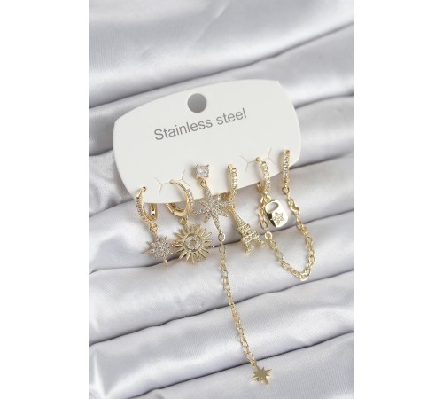 316L Çelik Gold Renk 6'lı Set Charmlı Kadın Küpe - TJ-BKP11749