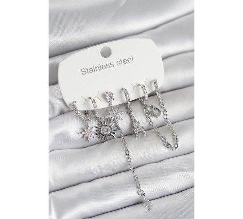 316L Çelik Gümüş Renk 6'lı Set Charmlı Kadın Küpe - TJ-BKP11750