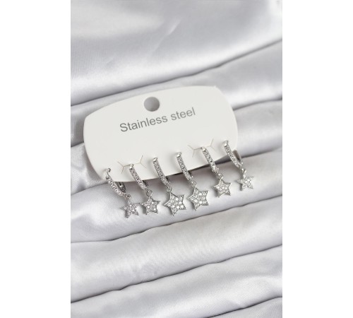 316L Çelik Gümüş Renk 6'lı Set Yıldız Model Kadın Küpe - TJ-BKP11752