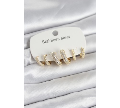 316L Çelik Gold Renk 6'lı Set Zirkon Taşlı Halka Model Kadın Küpe - TJ-BKP11753