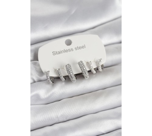 316L Çelik Gümüş Renk 6'lı Set Zirkon Taşlı Halka Model Kadın Küpe - TJ-BKP11754