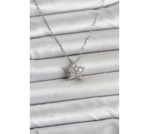 316L Çelik Zincir Gümüş Renk Zirkon Taşlı Yıldız Model Kadın Kolye - TJ-BKO11019