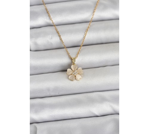 316L Çelik Zincir Gold Renk Yonca Model Kadın Kolye - TJ-BKO11020