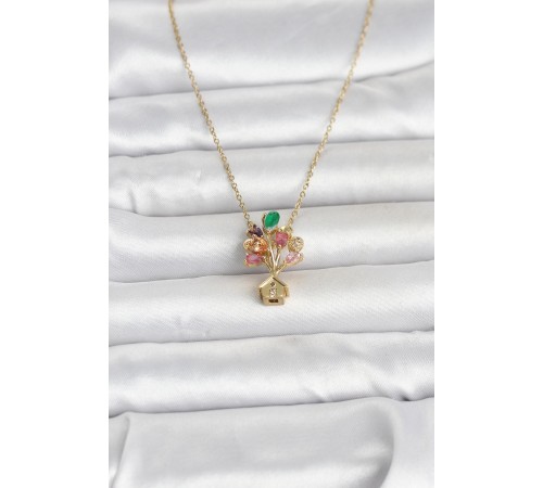 316L Çelik Zincir Gold Renk Uçan Balon Ev Figür Kadın Kolye - TJ-BKO11026