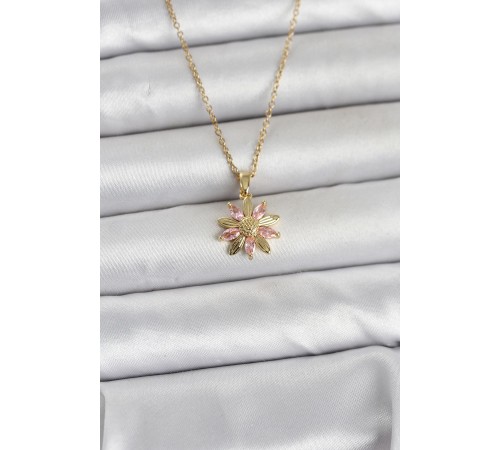 316L Çelik Zincir Gold Renk Pembe Papatya Model Kadın Kolye - TJ-BKO11030