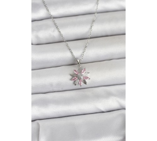 316L Çelik Zincir Gümüş Renk Pembe Papatya Model Kadın Kolye - TJ-BKO11031